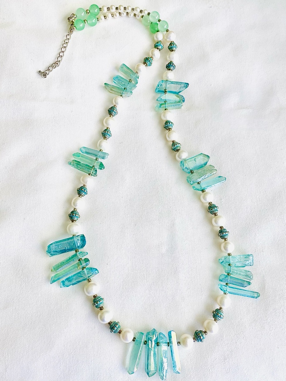 Handmade OOAK Freshwater Pearl Aqua Crystal Necklace Boho Statement Mermaid
